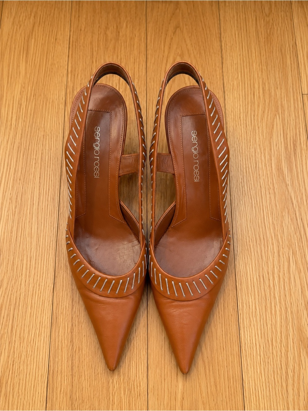 Sergio Rossi Cognac Leather Pointed Slingback Heels - Made in Italy